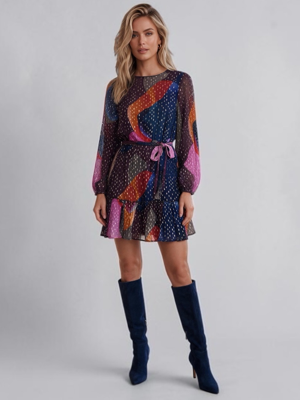 Oliphant Chiffon Mini Cocktail Dress Balloon Long Sleeve Tiered Skirt Metallic